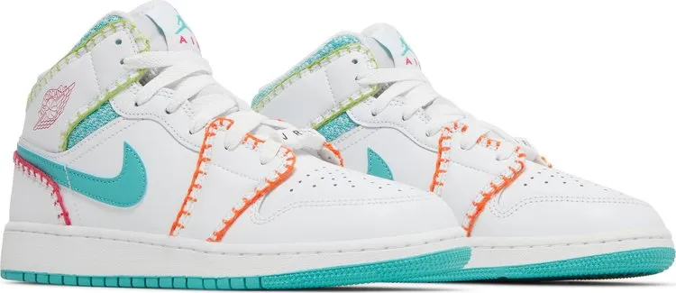 Air Jordan 1 Mid SE GS Multi Knit Sneakers, White