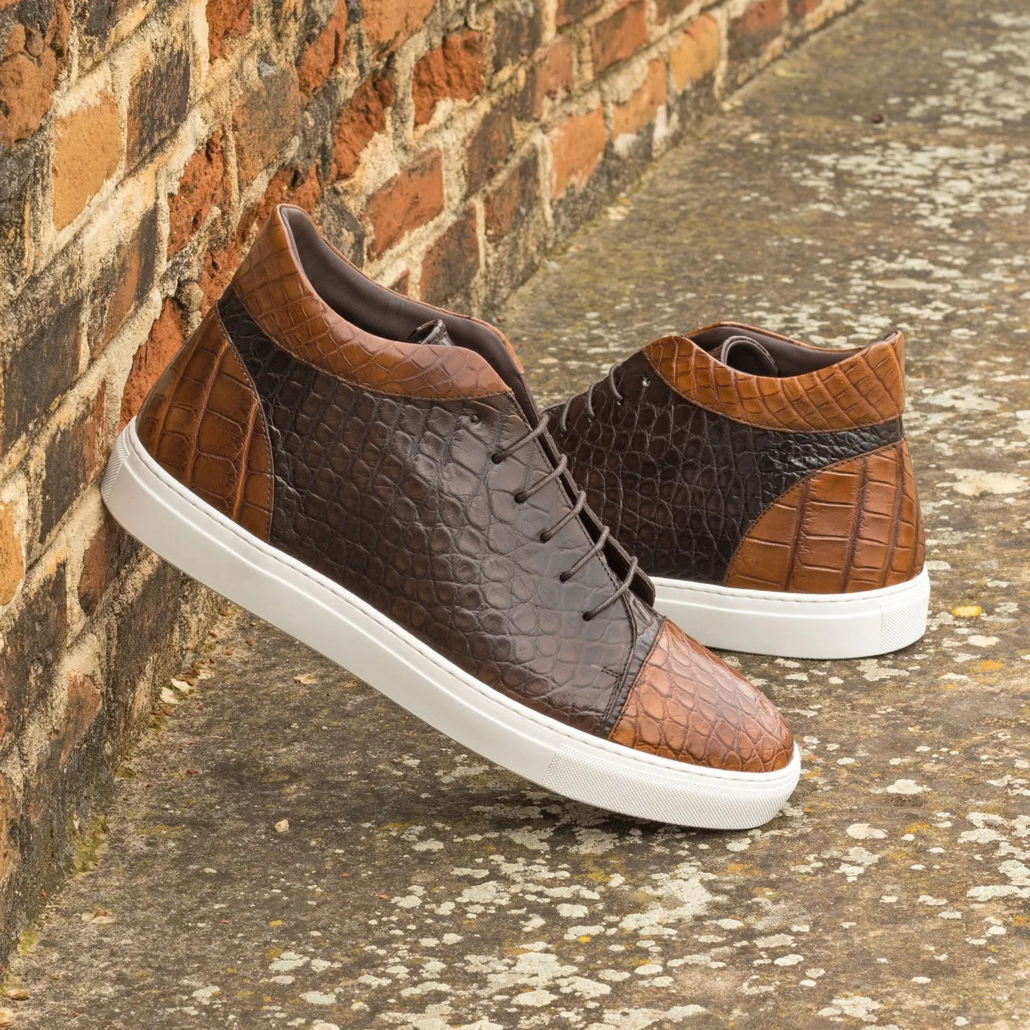Ambrogio Men's Shoes Two Tone Brown Exotic Alligator High-Top Sneakers (AMB2084)