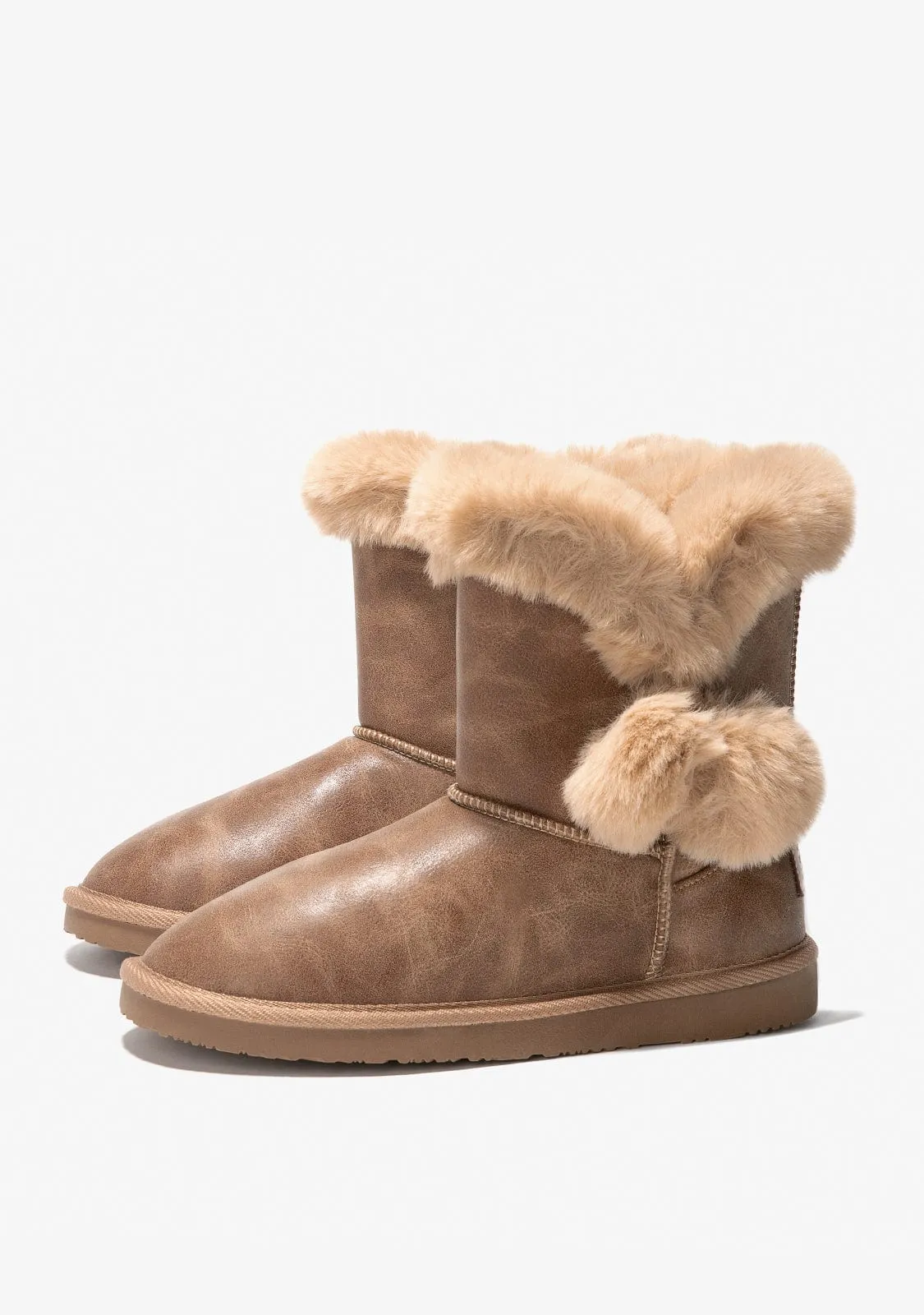 Camel Pompon Fur Australian Boots Nappa