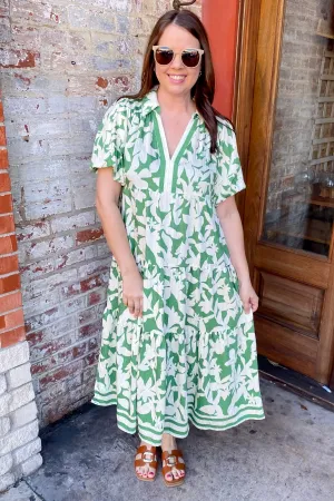 Coastal Breeze Floral Print Green Midi Dress