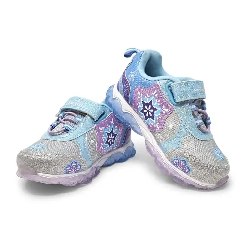 Disney Frozen Girl's Lighted Athletic Sneaker Elsa and Anna Light Up Shoes Children W/Adjustable Strap Lilac/Blue