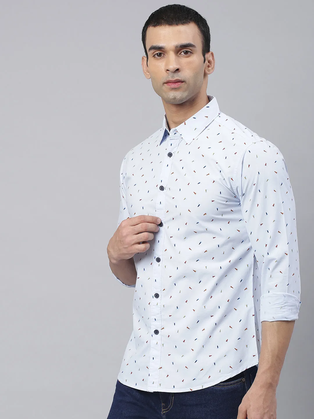 Men's Abstract Printed Slim Fit Spread Shirt (Sky Blue)
