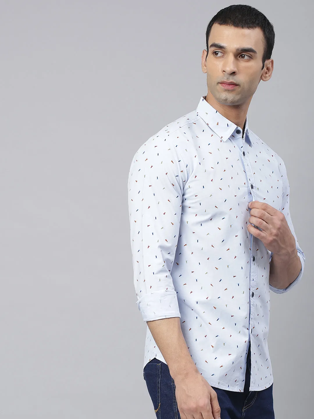 Men's Abstract Printed Slim Fit Spread Shirt (Sky Blue)