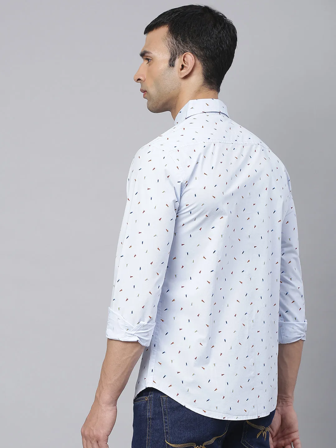 Men's Abstract Printed Slim Fit Spread Shirt (Sky Blue)