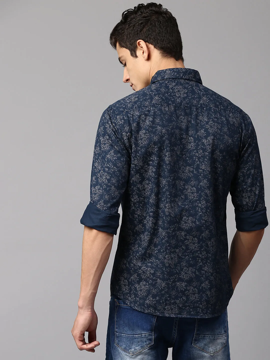 Men's Botanic Print Navy Slim Fit Casual Shirt  Spread Collar