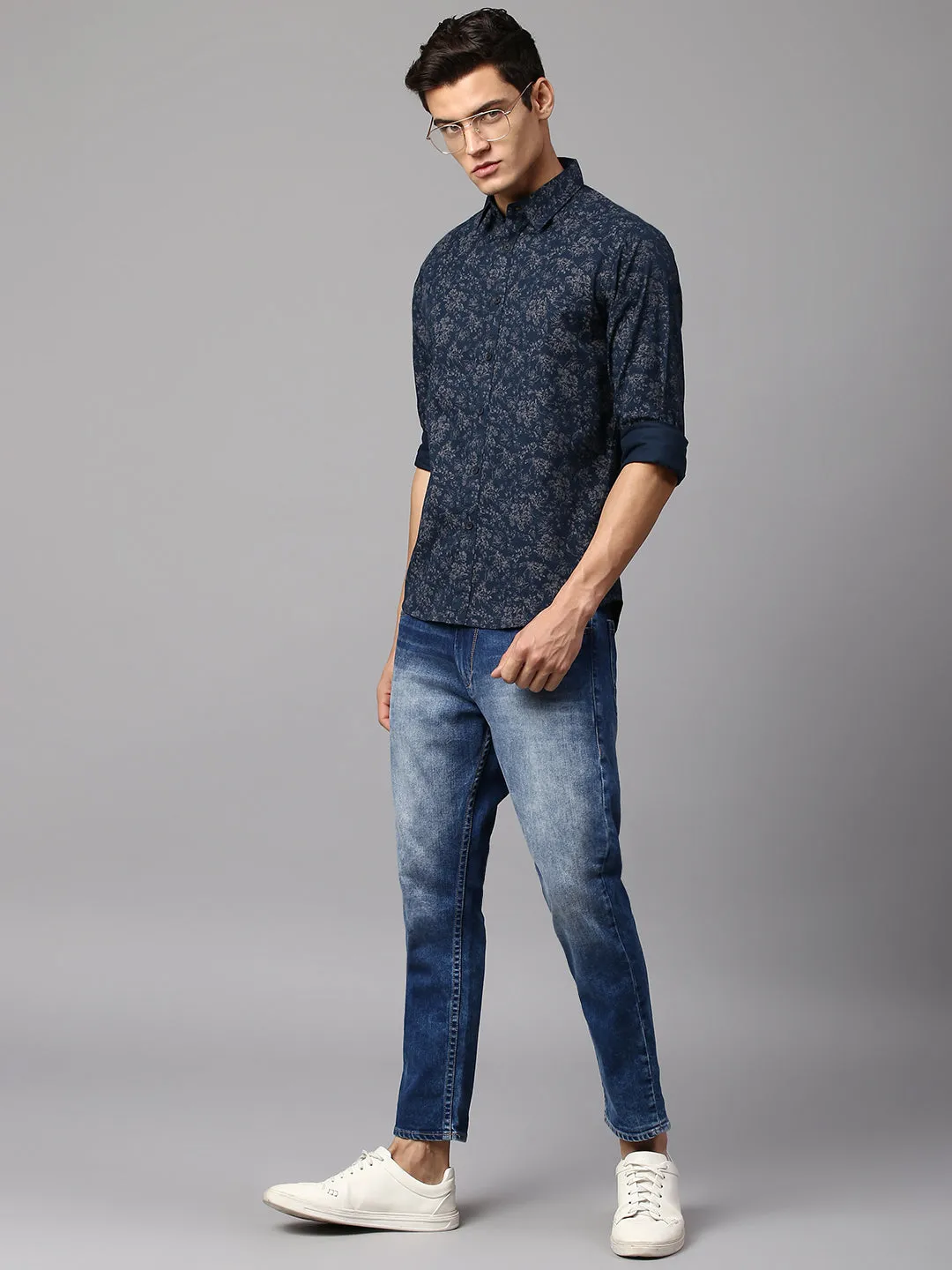 Men's Botanic Print Navy Slim Fit Casual Shirt  Spread Collar