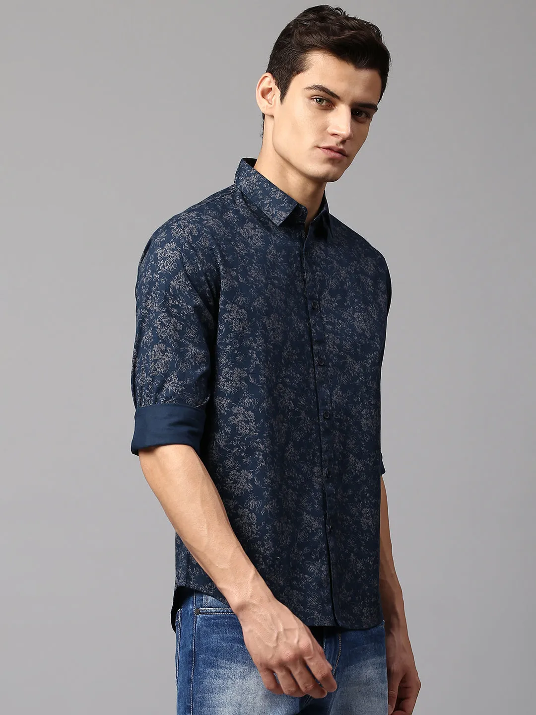 Men's Botanic Print Navy Slim Fit Casual Shirt  Spread Collar