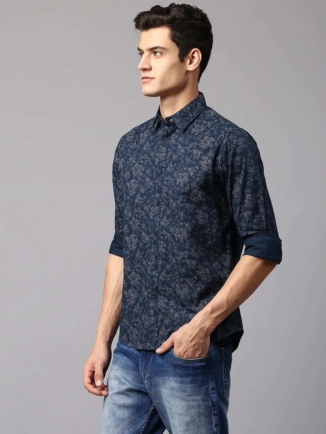 Men's Botanic Print Navy Slim Fit Casual Shirt  Spread Collar