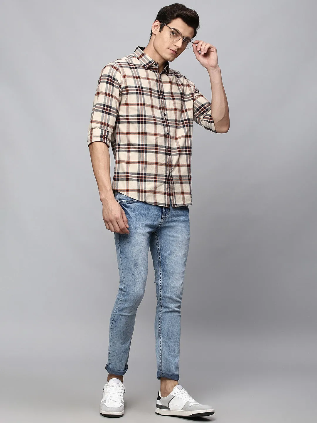 Men's Button Down Collar Slim Fit Checks Green Casual Shirt