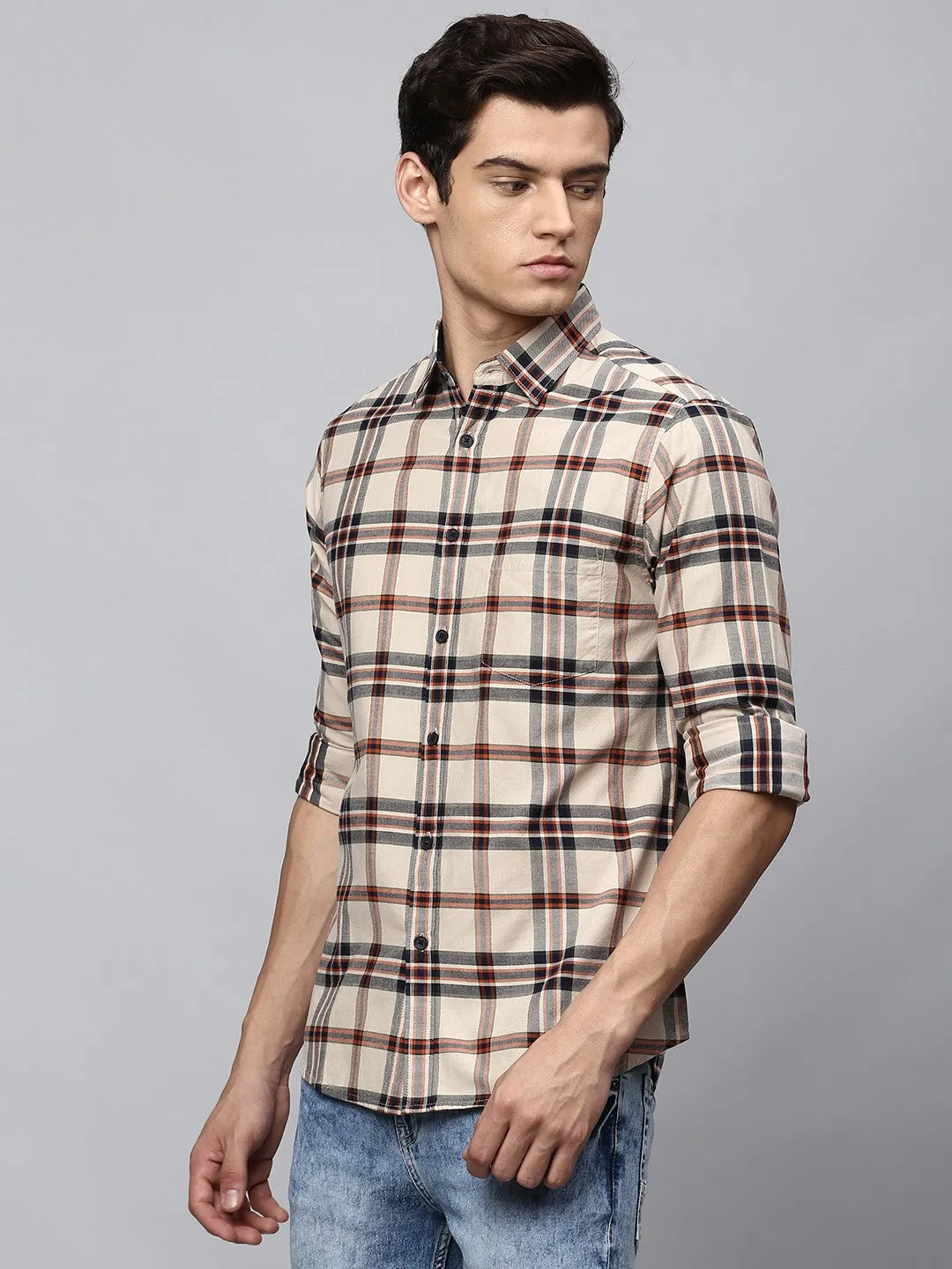 Men's Button Down Collar Slim Fit Checks Green Casual Shirt