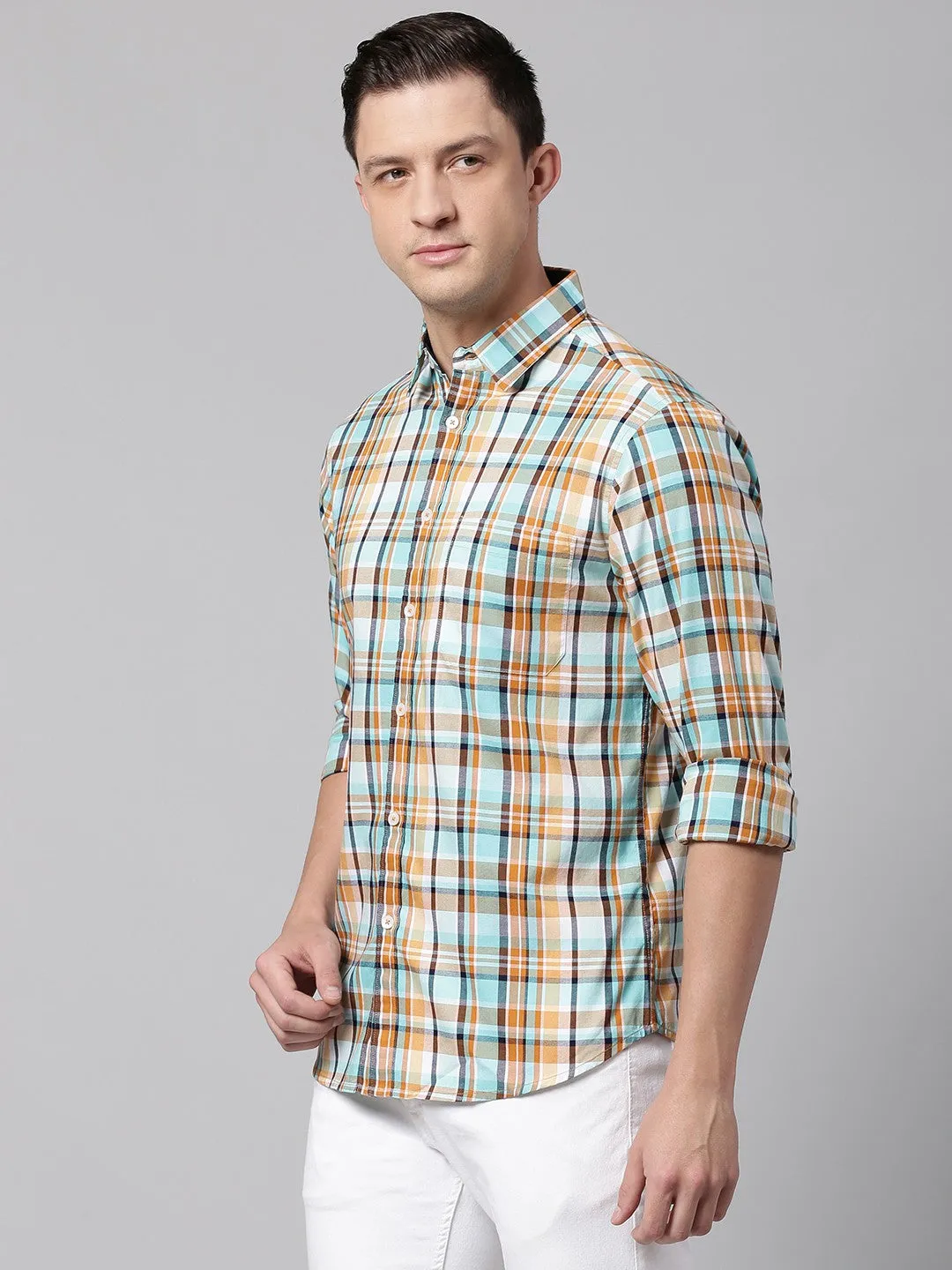 Men's Button Down Collar Slim Fit Checks Navy Casual Shirt