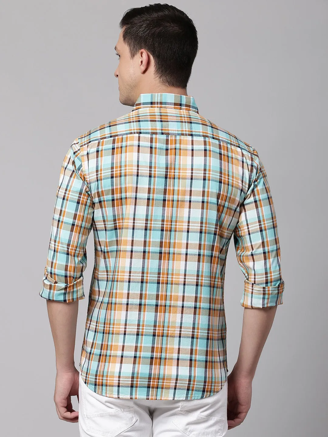 Men's Button Down Collar Slim Fit Checks Navy Casual Shirt