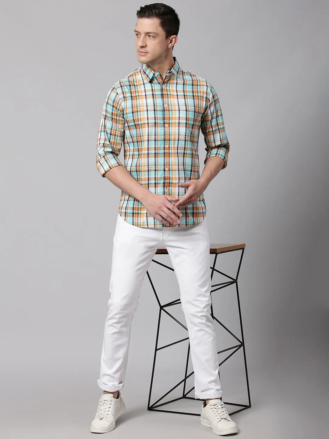 Men's Button Down Collar Slim Fit Checks Navy Casual Shirt