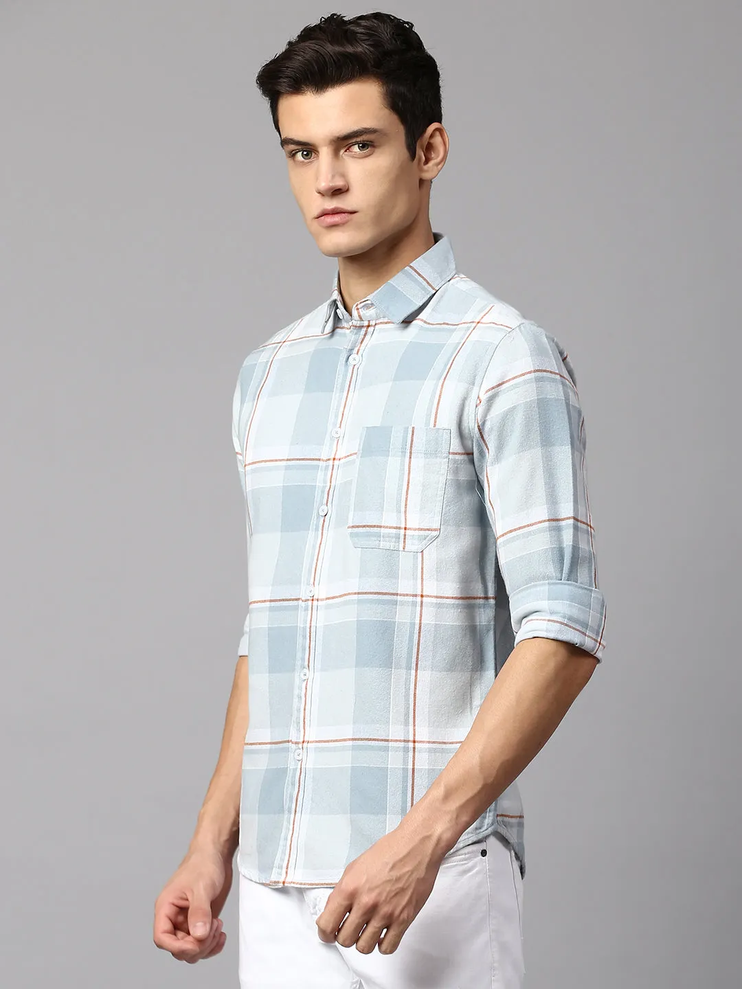 Men's Checkered Dusty Grey Slim Fit Casual Shirt  Spread Collar