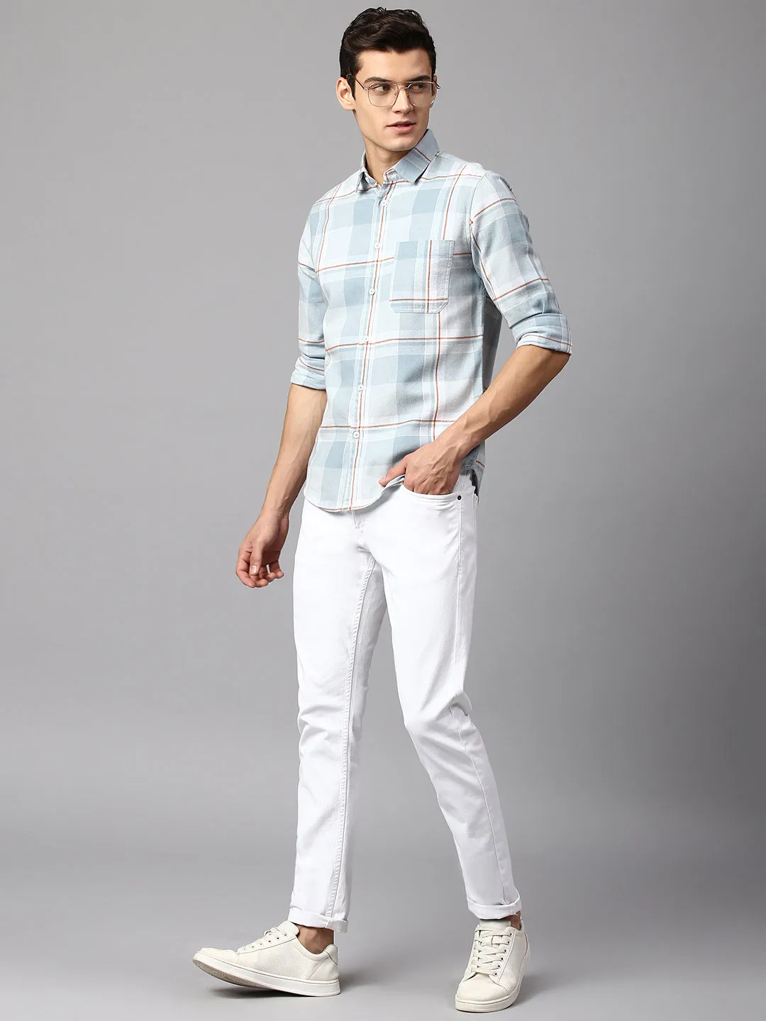 Men's Checkered Dusty Grey Slim Fit Casual Shirt  Spread Collar