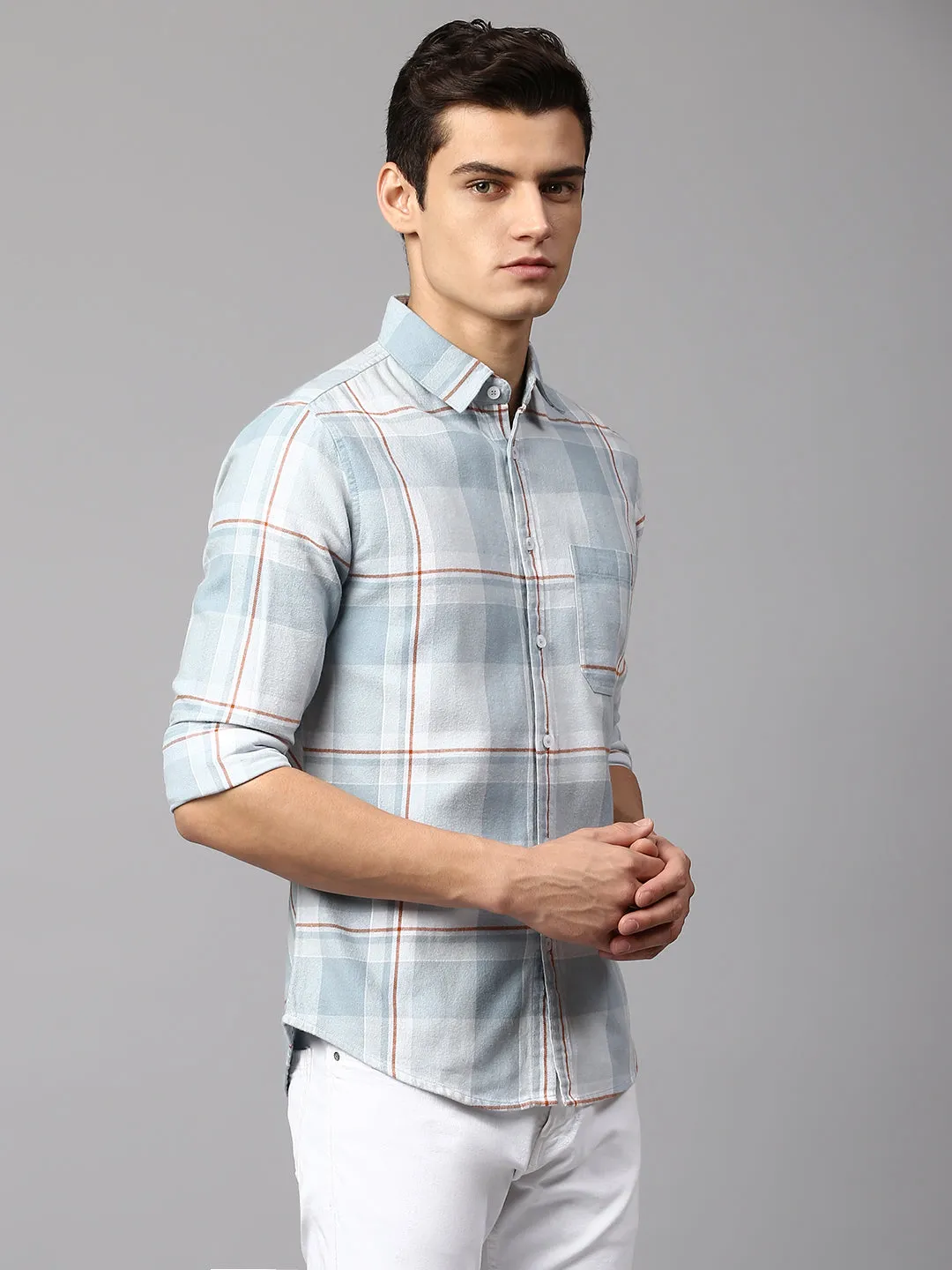 Men's Checkered Dusty Grey Slim Fit Casual Shirt  Spread Collar