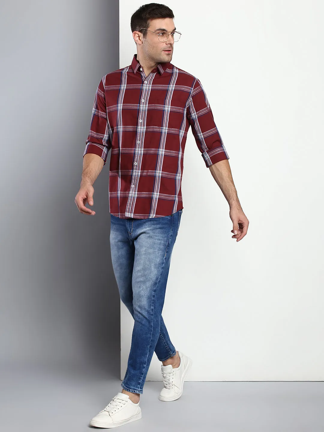 Men's Checkered Maroon Slim Fit Cotton Casual Shirt With Spread Collar & Full Sleeves