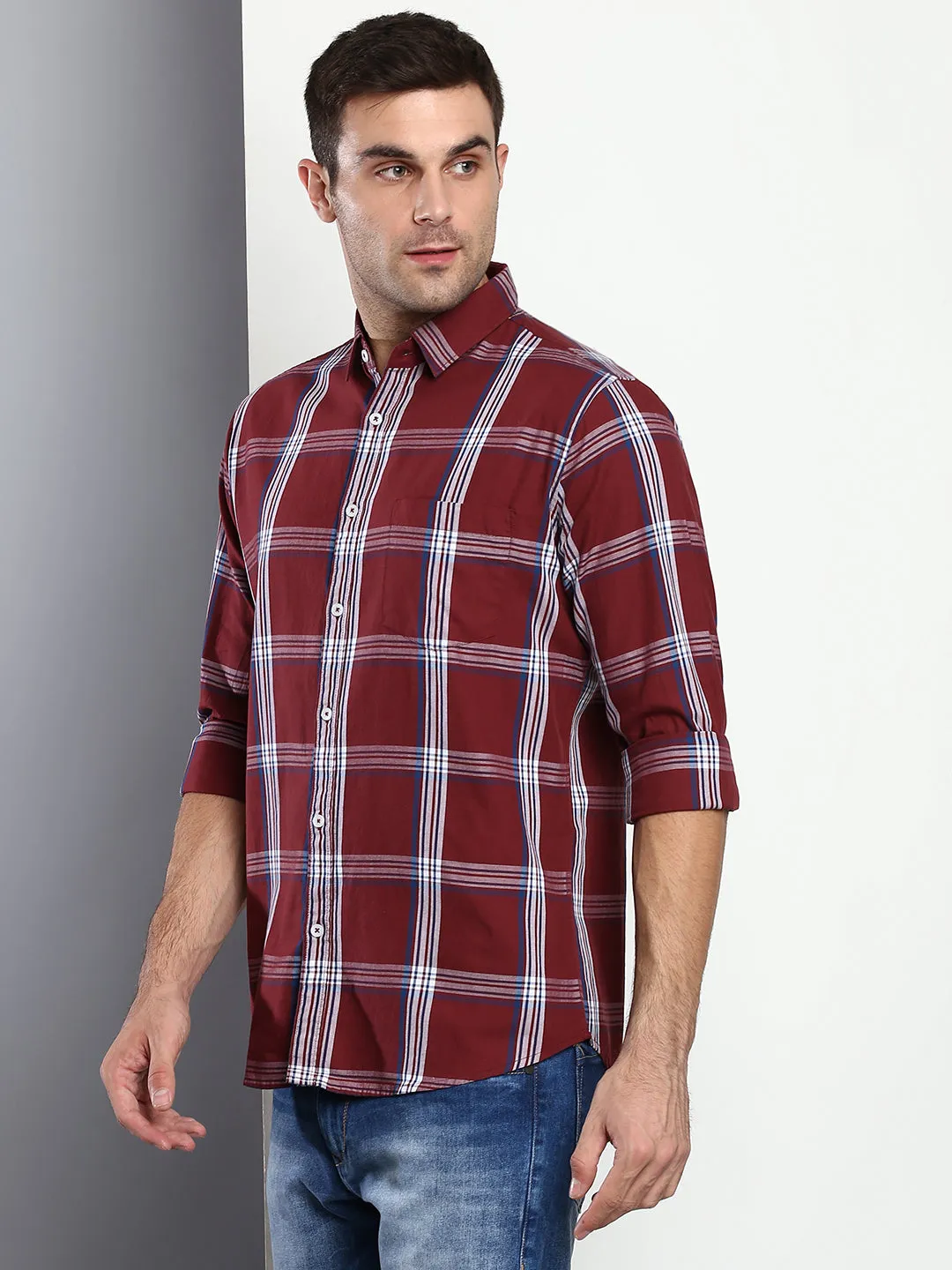 Men's Checkered Maroon Slim Fit Cotton Casual Shirt With Spread Collar & Full Sleeves