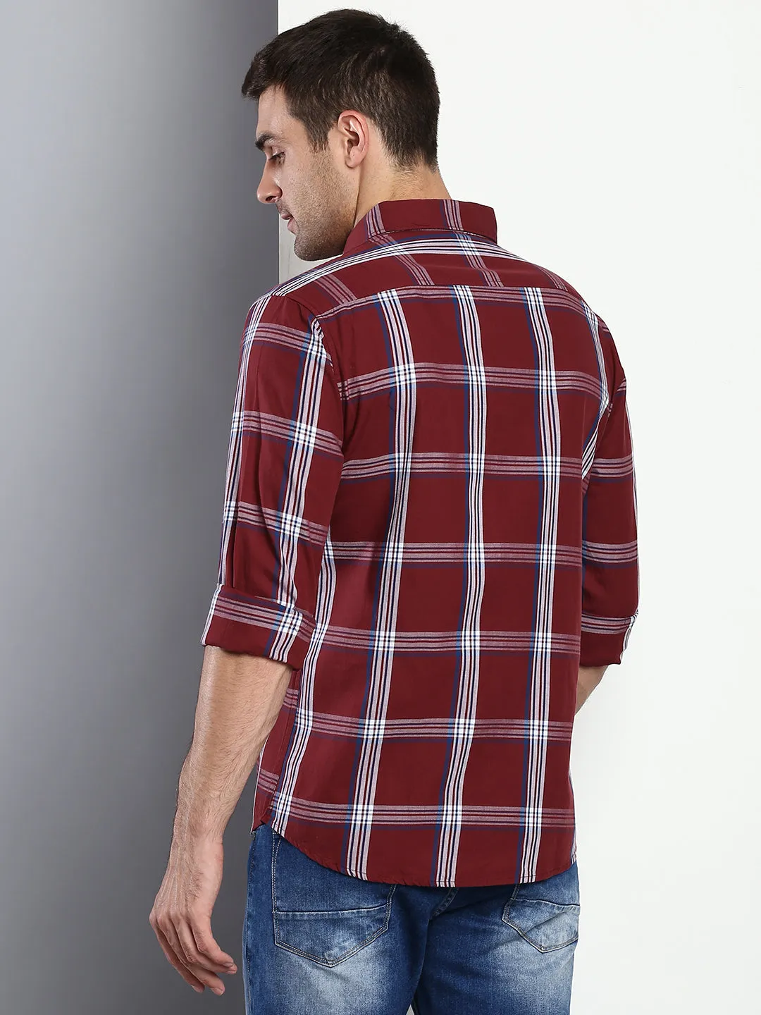 Men's Checkered Maroon Slim Fit Cotton Casual Shirt With Spread Collar & Full Sleeves