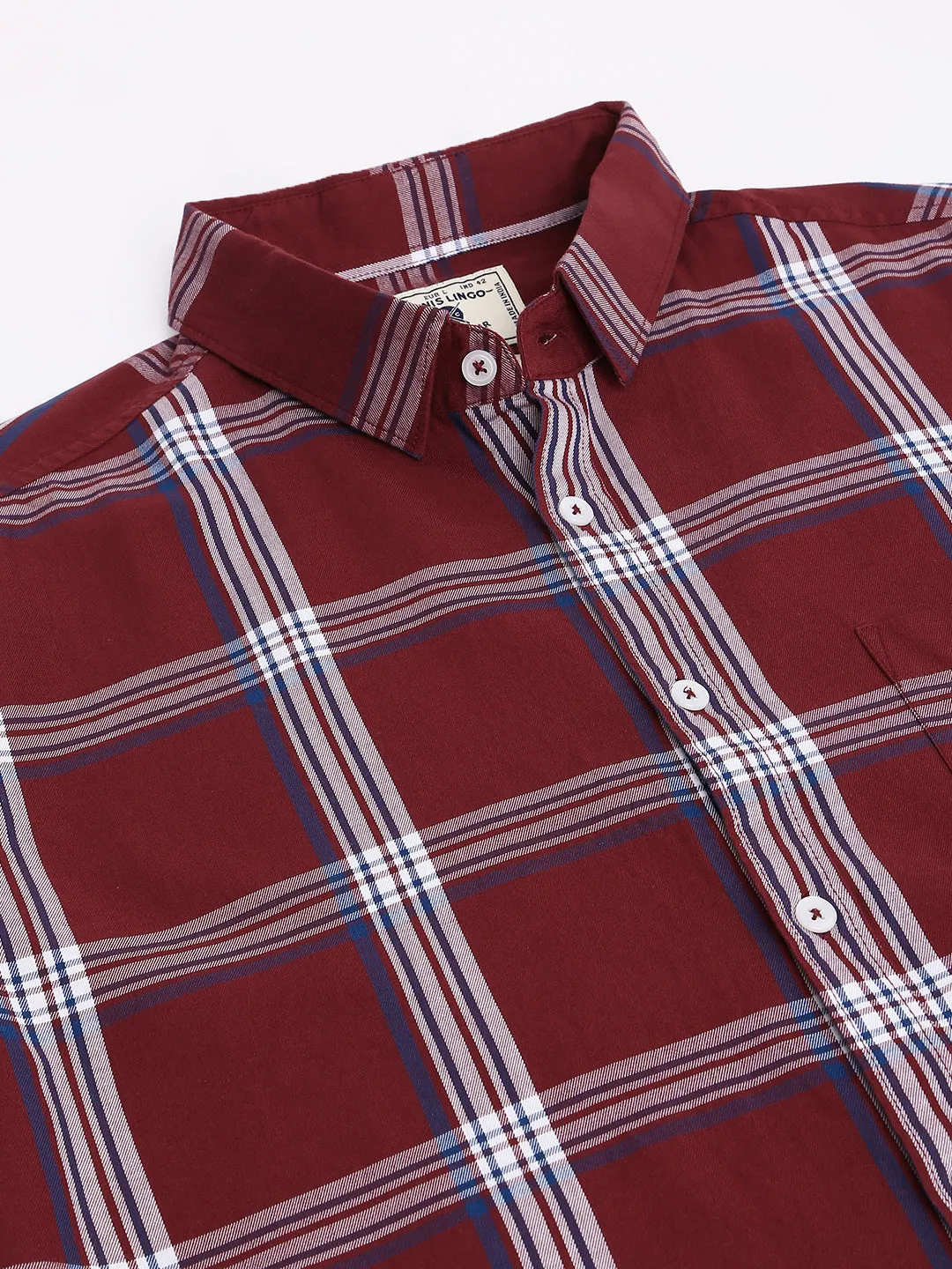Men's Checkered Maroon Slim Fit Cotton Casual Shirt With Spread Collar & Full Sleeves