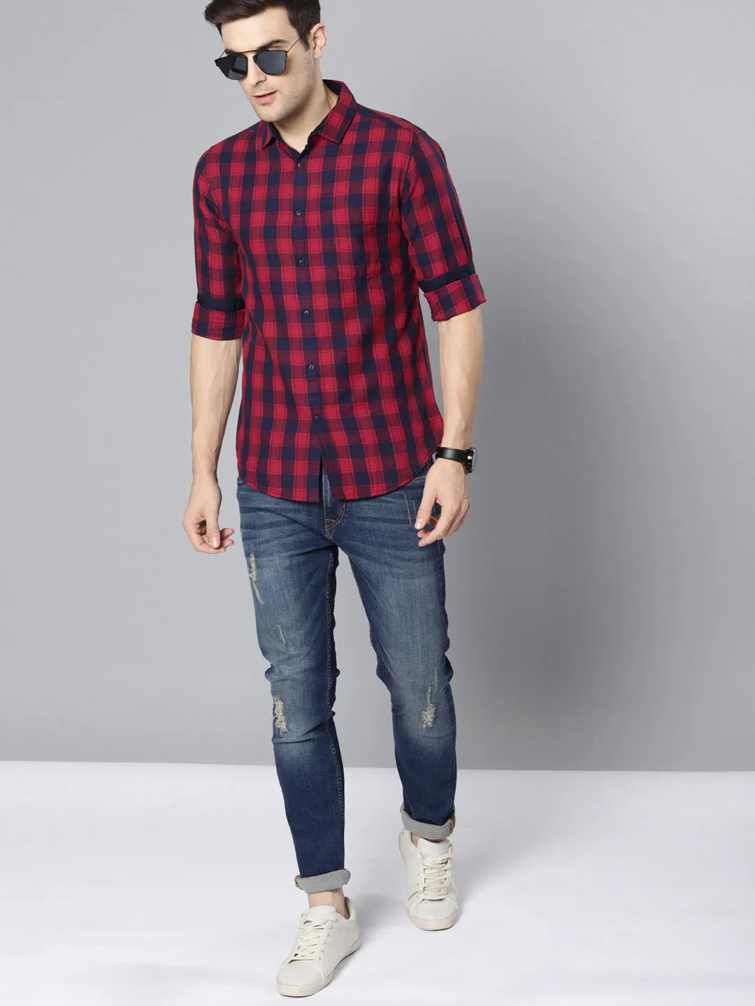 Men's Checkered Red Slim Fit Casual Shirt