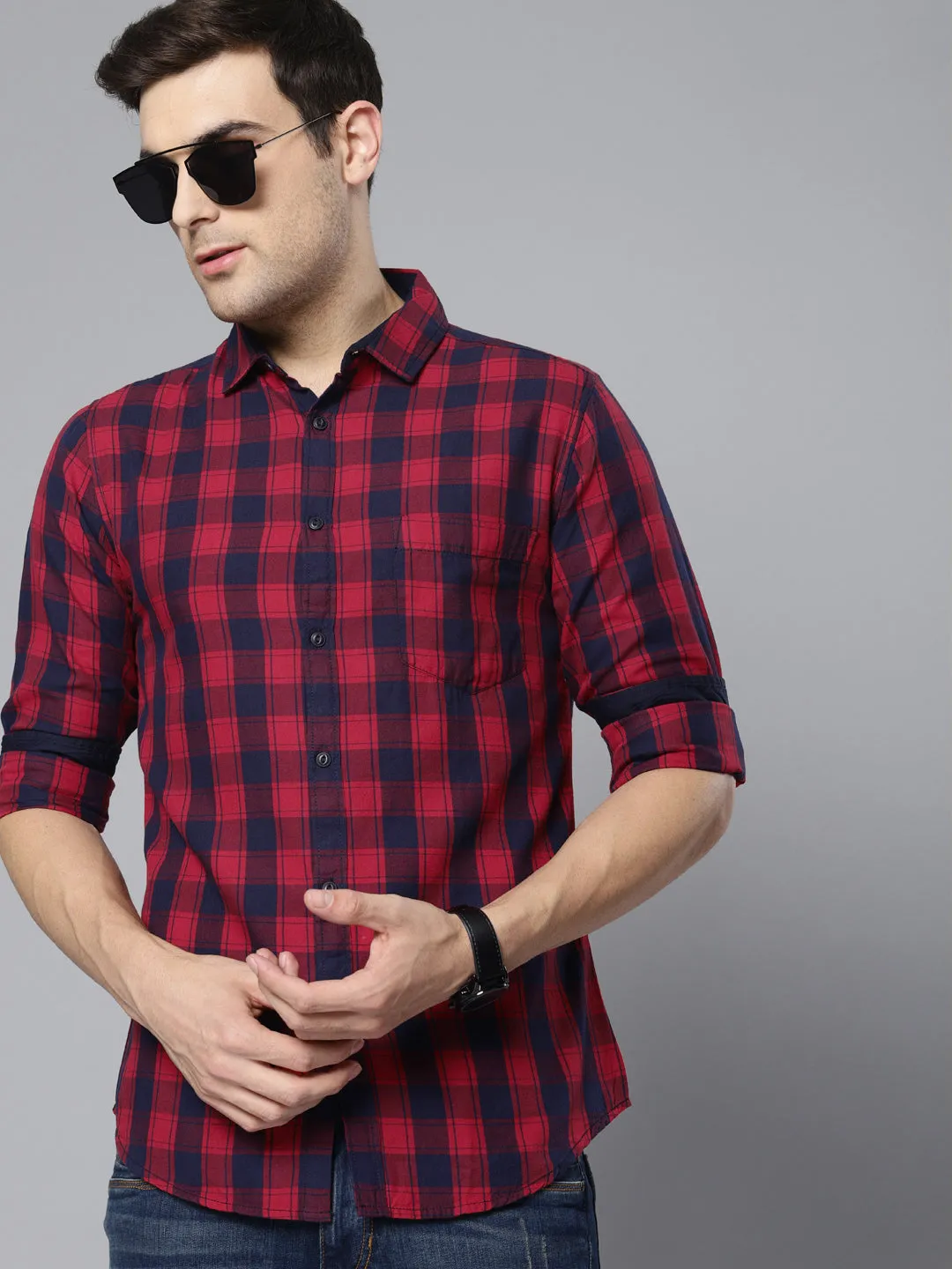 Men's Checkered Red Slim Fit Casual Shirt