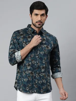 Men's Floral Prints Slim Fit Spread Full Sleves Shirt (Teal)
