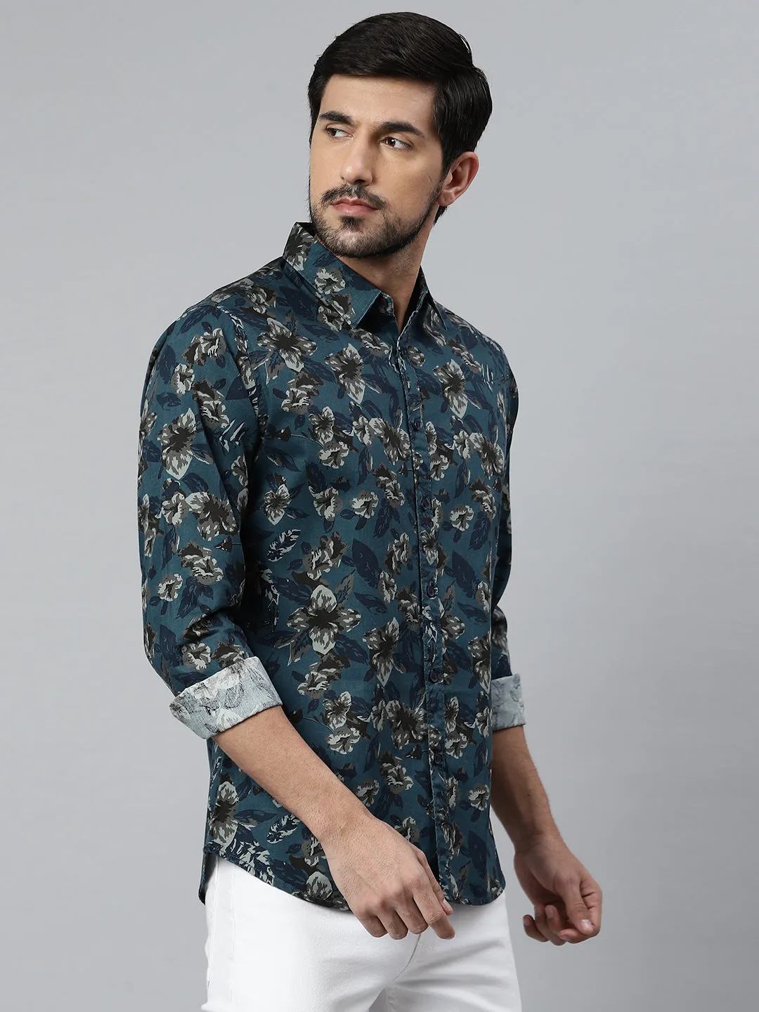 Men's Floral Prints Slim Fit Spread Full Sleves Shirt (Teal)