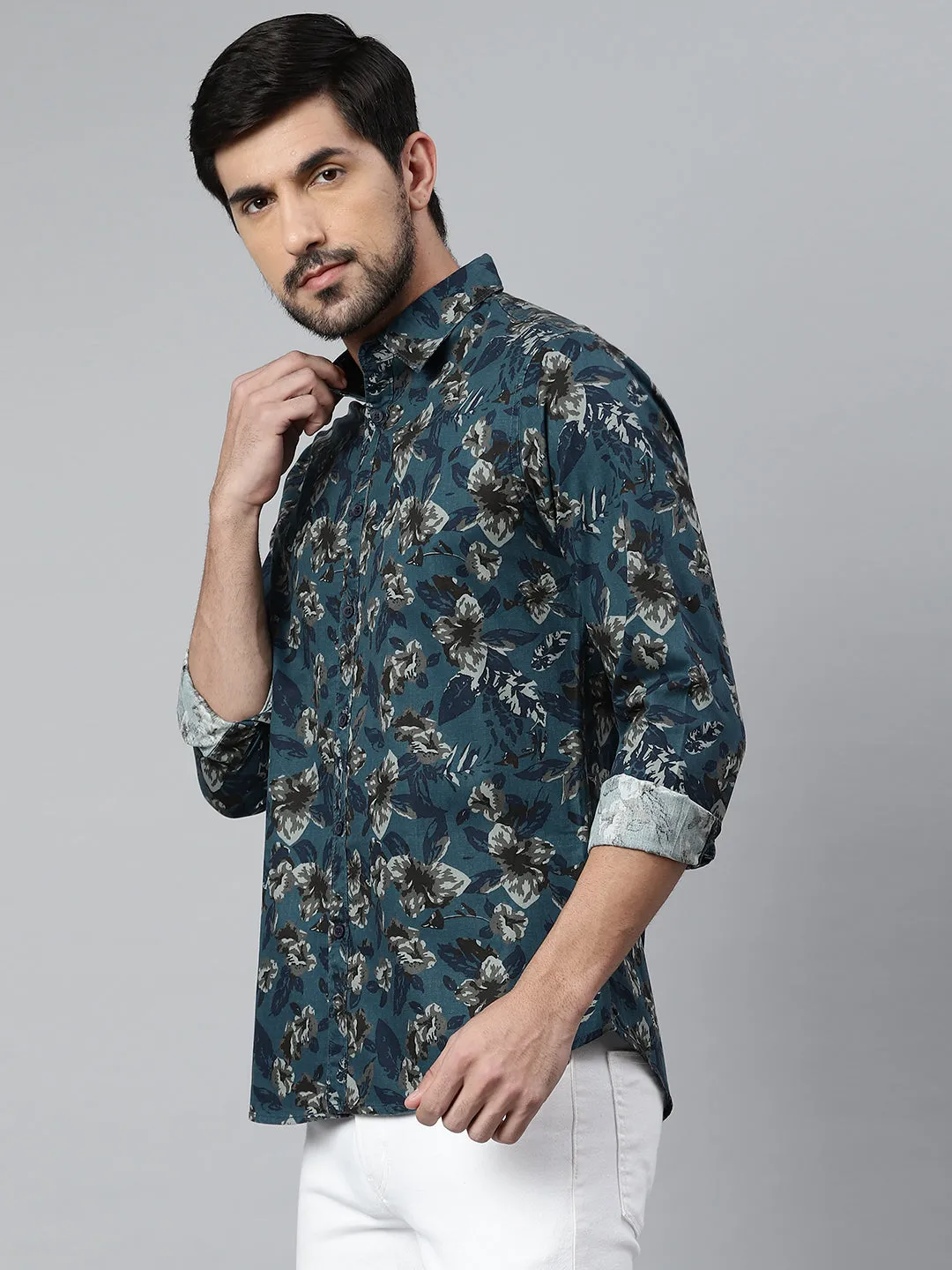 Men's Floral Prints Slim Fit Spread Full Sleves Shirt (Teal)