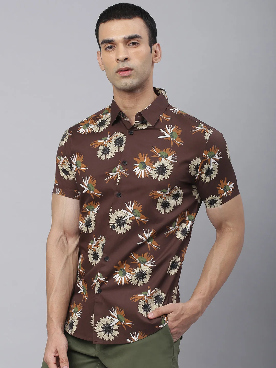 Men's Floral Prints Slimfit Half Sleeves Spread Collar Shirts (Brown)