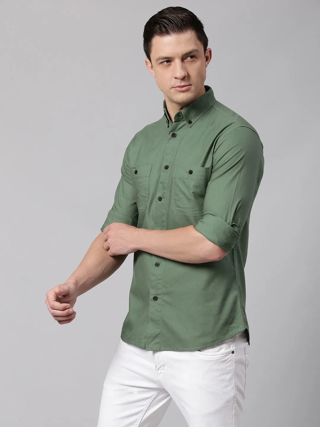 Men's Green Button Down Collar Slim Fit Cotton Casual Shirt