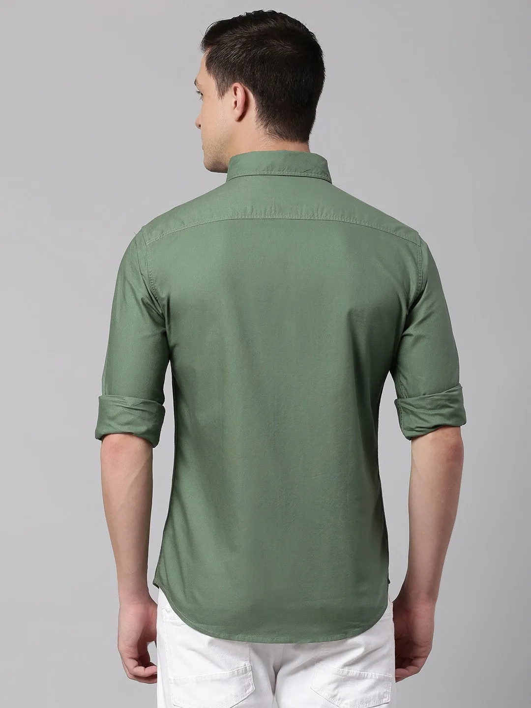 Men's Green Button Down Collar Slim Fit Cotton Casual Shirt
