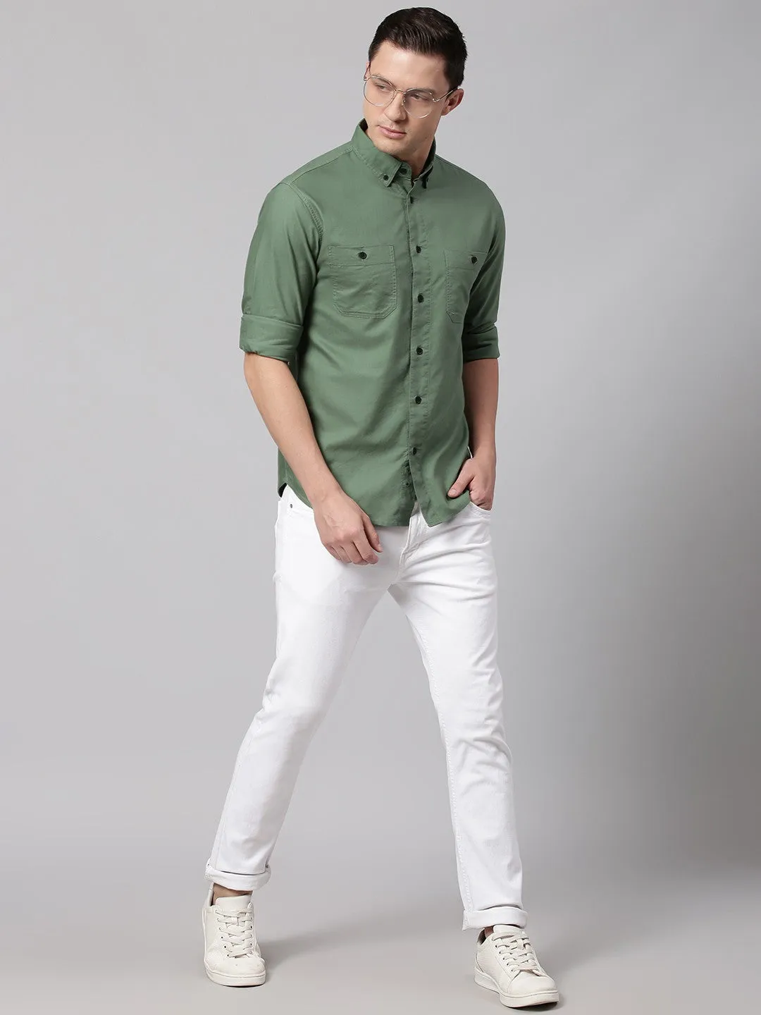 Men's Green Button Down Collar Slim Fit Cotton Casual Shirt