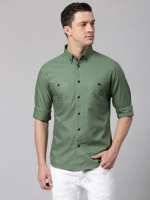 Men's Green Button Down Collar Slim Fit Cotton Casual Shirt
