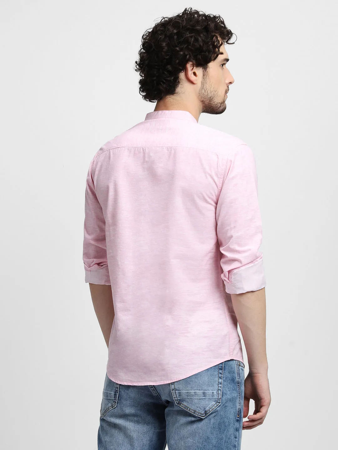 Men's Pink Mandarin Collar Long Sleeves Casual Shirt