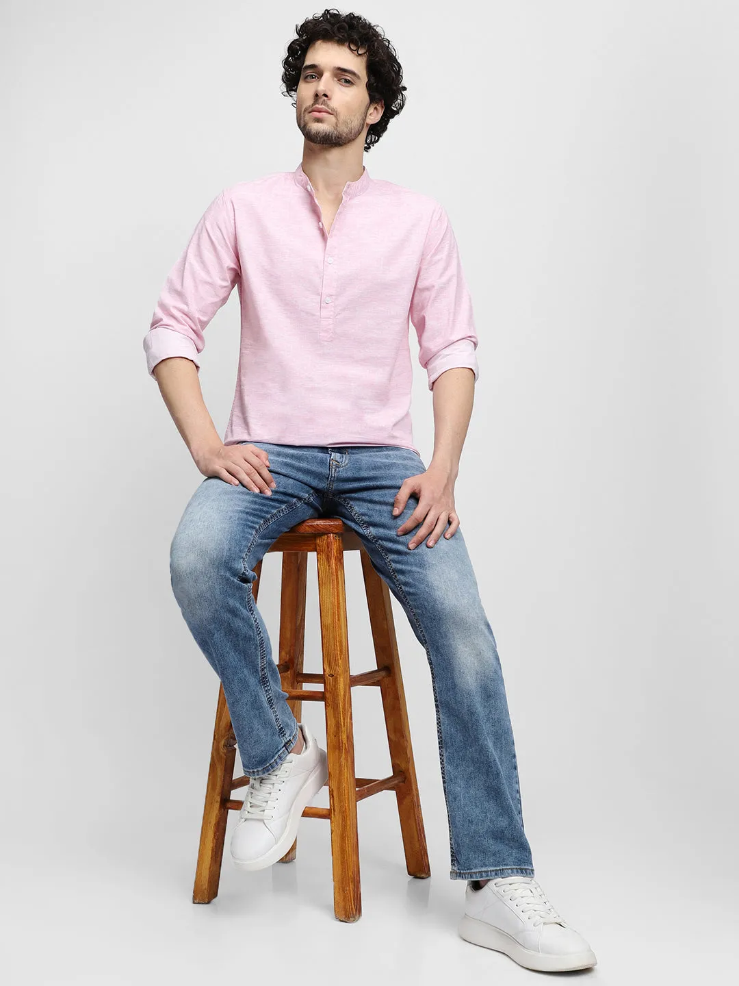 Men's Pink Mandarin Collar Long Sleeves Casual Shirt