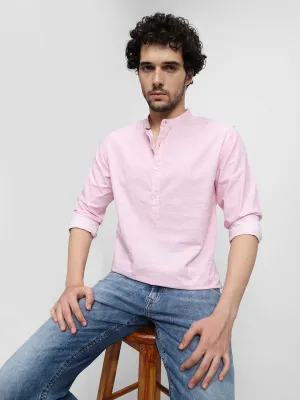 Men's Pink Mandarin Collar Long Sleeves Casual Shirt