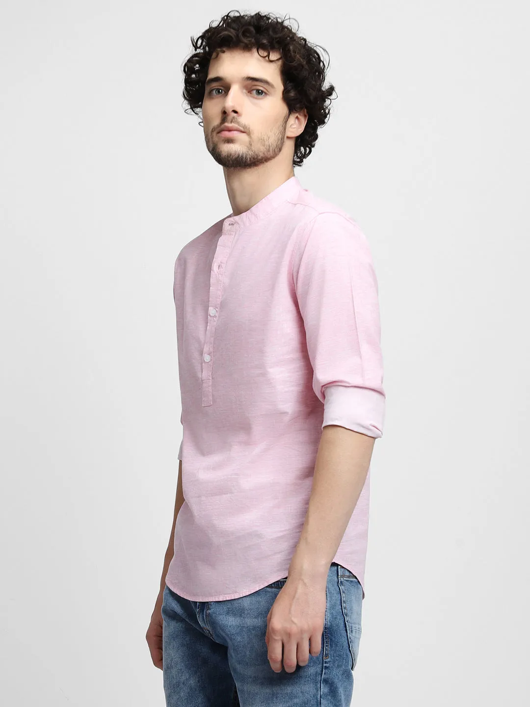 Men's Pink Mandarin Collar Long Sleeves Casual Shirt