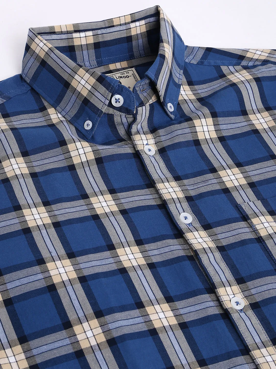 Men's Plaid Blue Slim Fit Cotton Casual Shirt With Button Down Collar & Full Sleeves