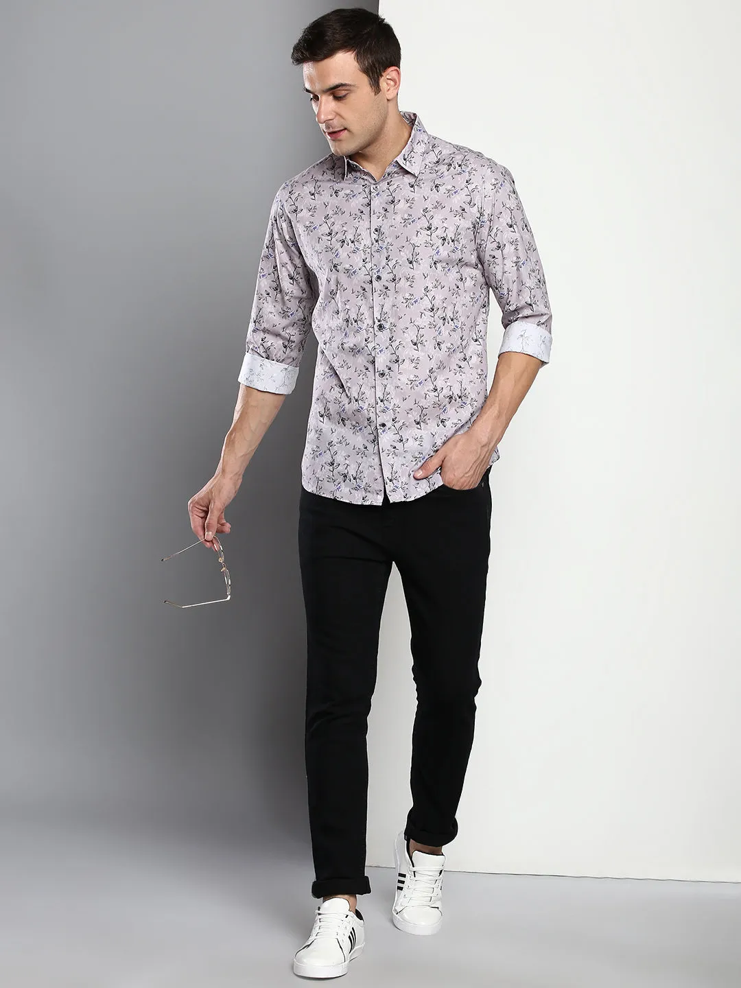 Men's Printed Grey Slim Fit Satin Casual Shirt With Spread Collar & Full Sleeves (C9081_Grey_S)