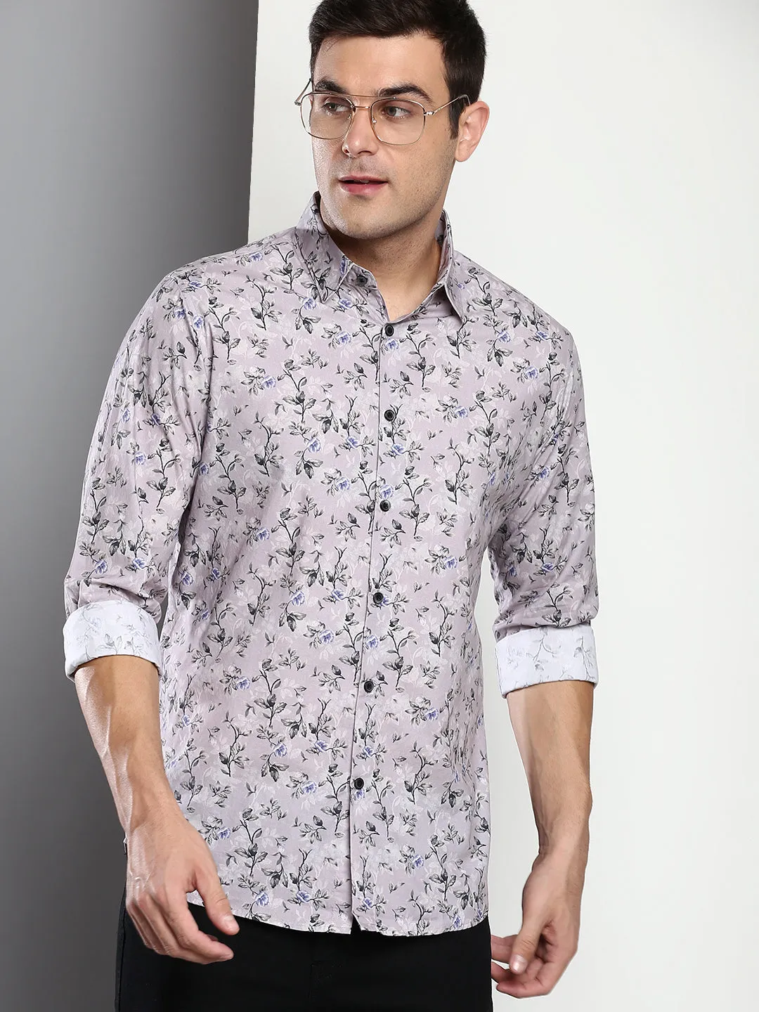 Men's Printed Grey Slim Fit Satin Casual Shirt With Spread Collar & Full Sleeves (C9081_Grey_S)