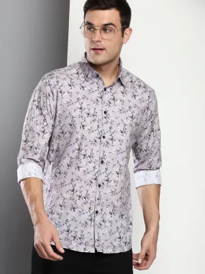 Men's Printed Grey Slim Fit Satin Casual Shirt With Spread Collar & Full Sleeves (C9081_Grey_S)