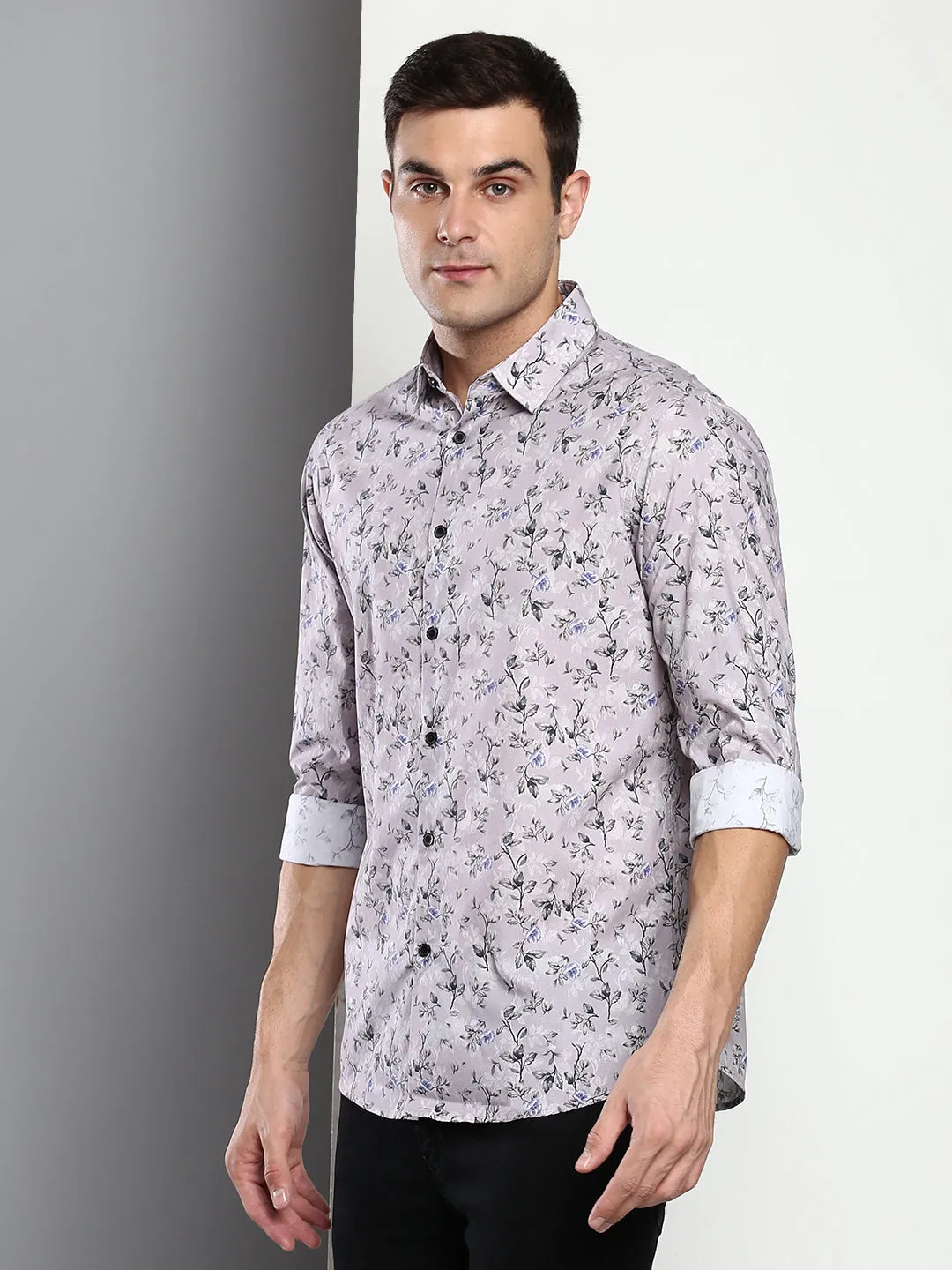 Men's Printed Grey Slim Fit Satin Casual Shirt With Spread Collar & Full Sleeves (C9081_Grey_S)