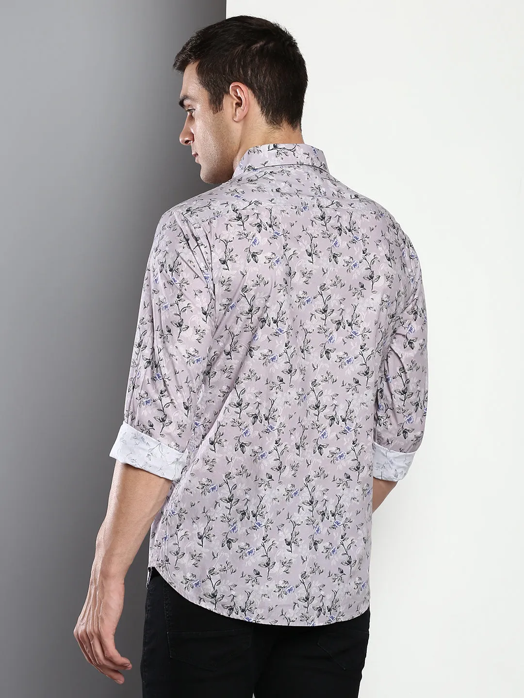 Men's Printed Grey Slim Fit Satin Casual Shirt With Spread Collar & Full Sleeves (C9081_Grey_S)