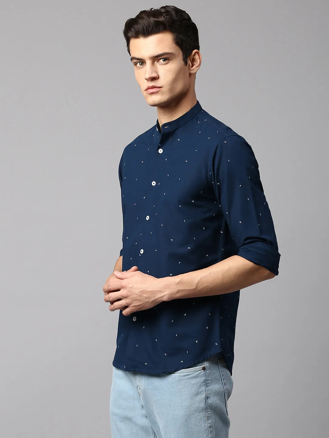Men's Printed Navy Slim Fit Casual Shirt Mandarin Collar