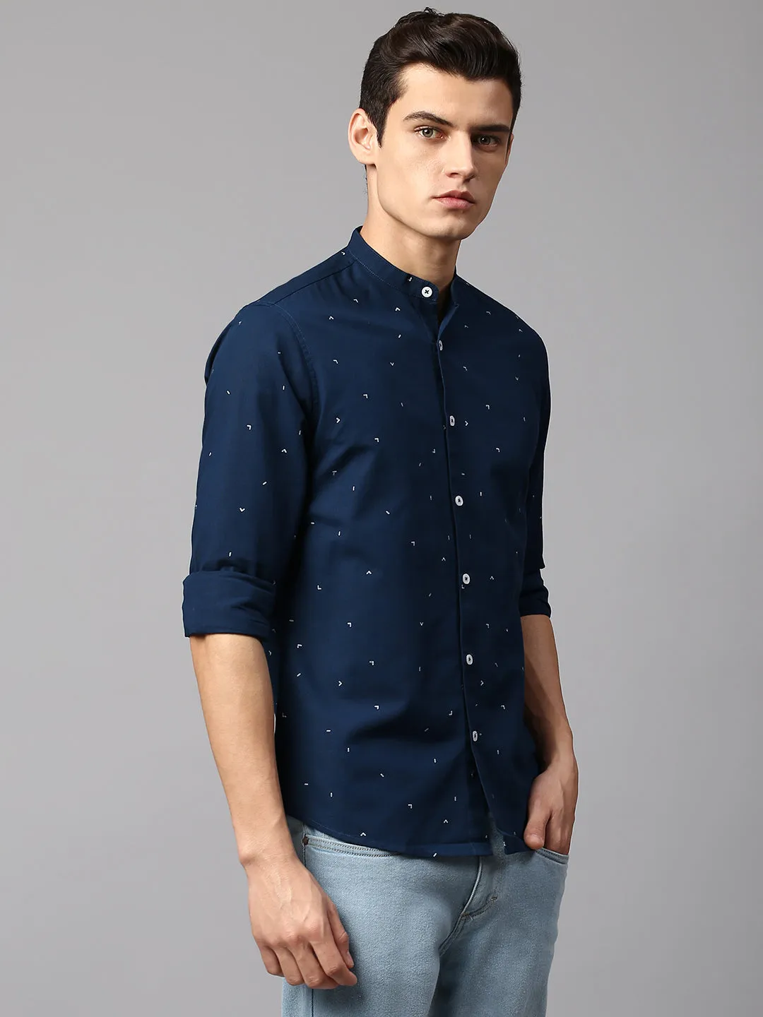 Men's Printed Navy Slim Fit Casual Shirt Mandarin Collar