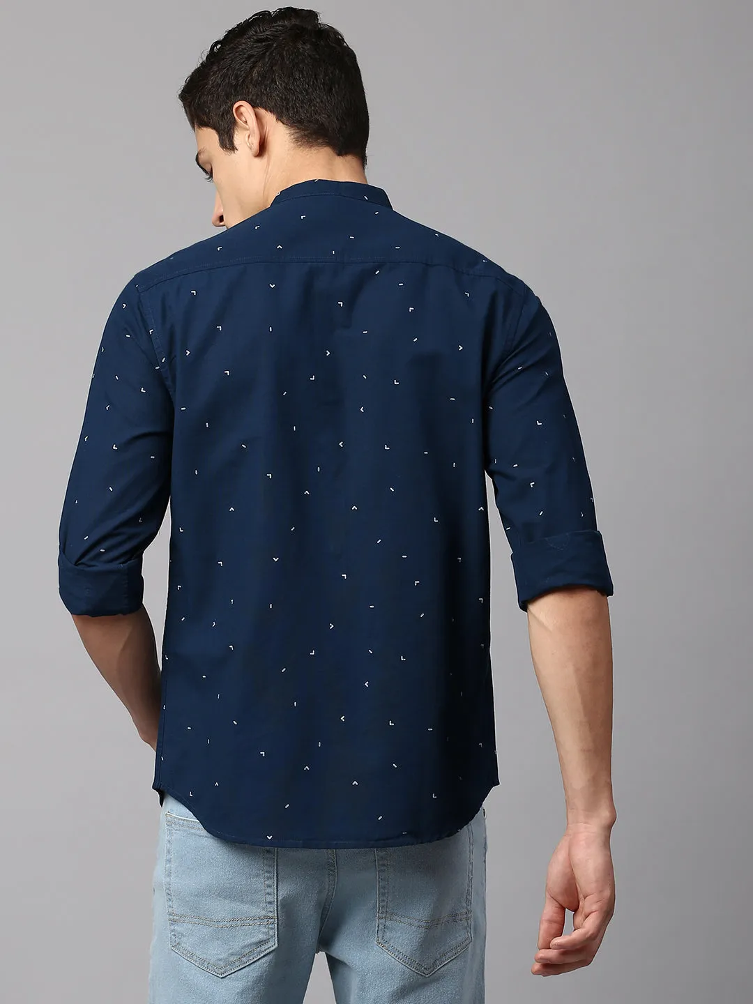 Men's Printed Navy Slim Fit Casual Shirt Mandarin Collar