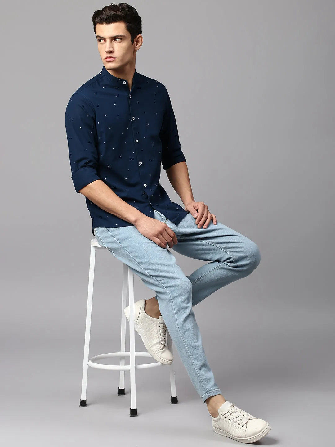Men's Printed Navy Slim Fit Casual Shirt Mandarin Collar