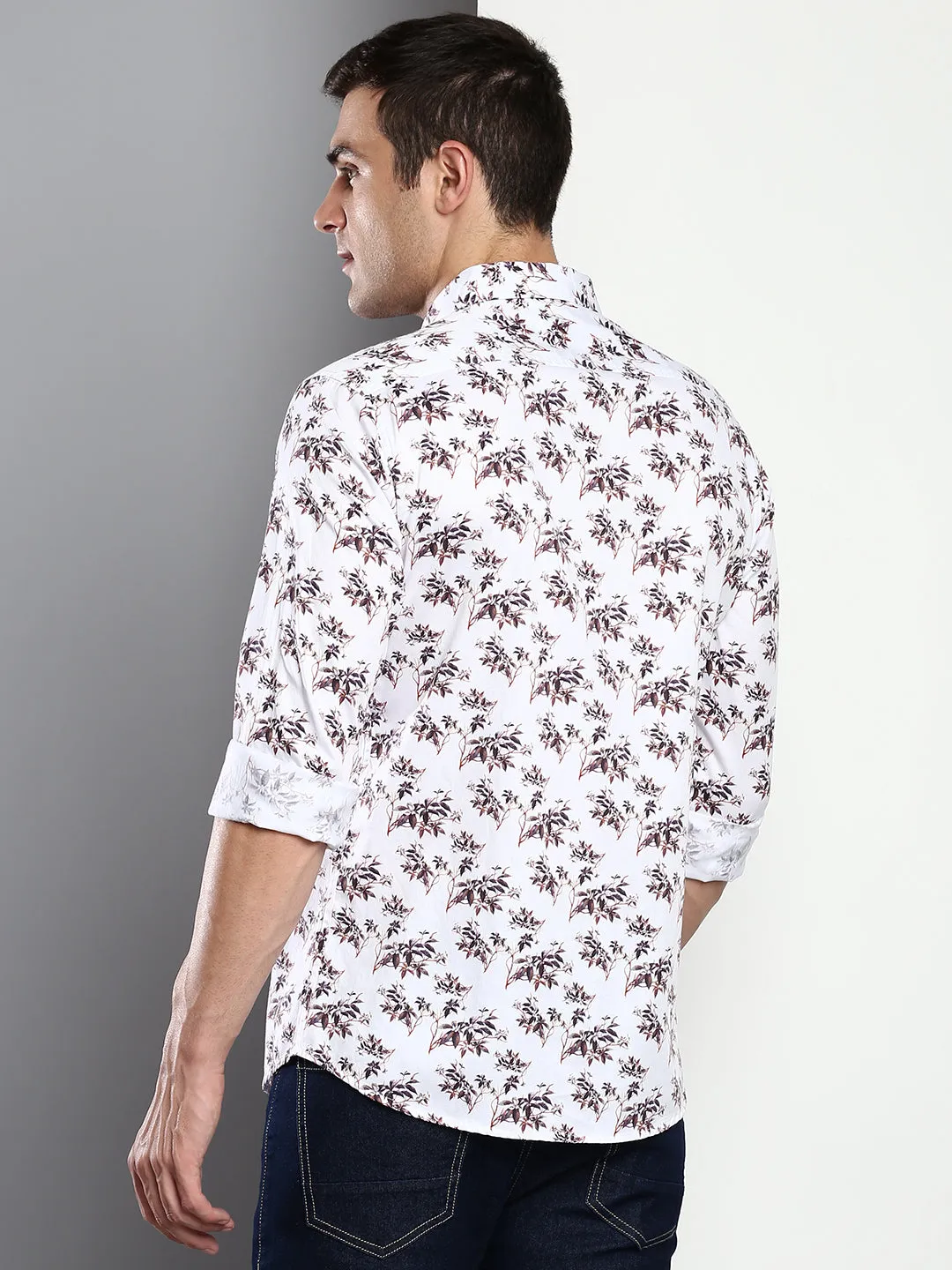 Men's Printed White Slim Fit Satin Casual Shirt With Spread Collar & Full Sleeves (C9067_White_S)