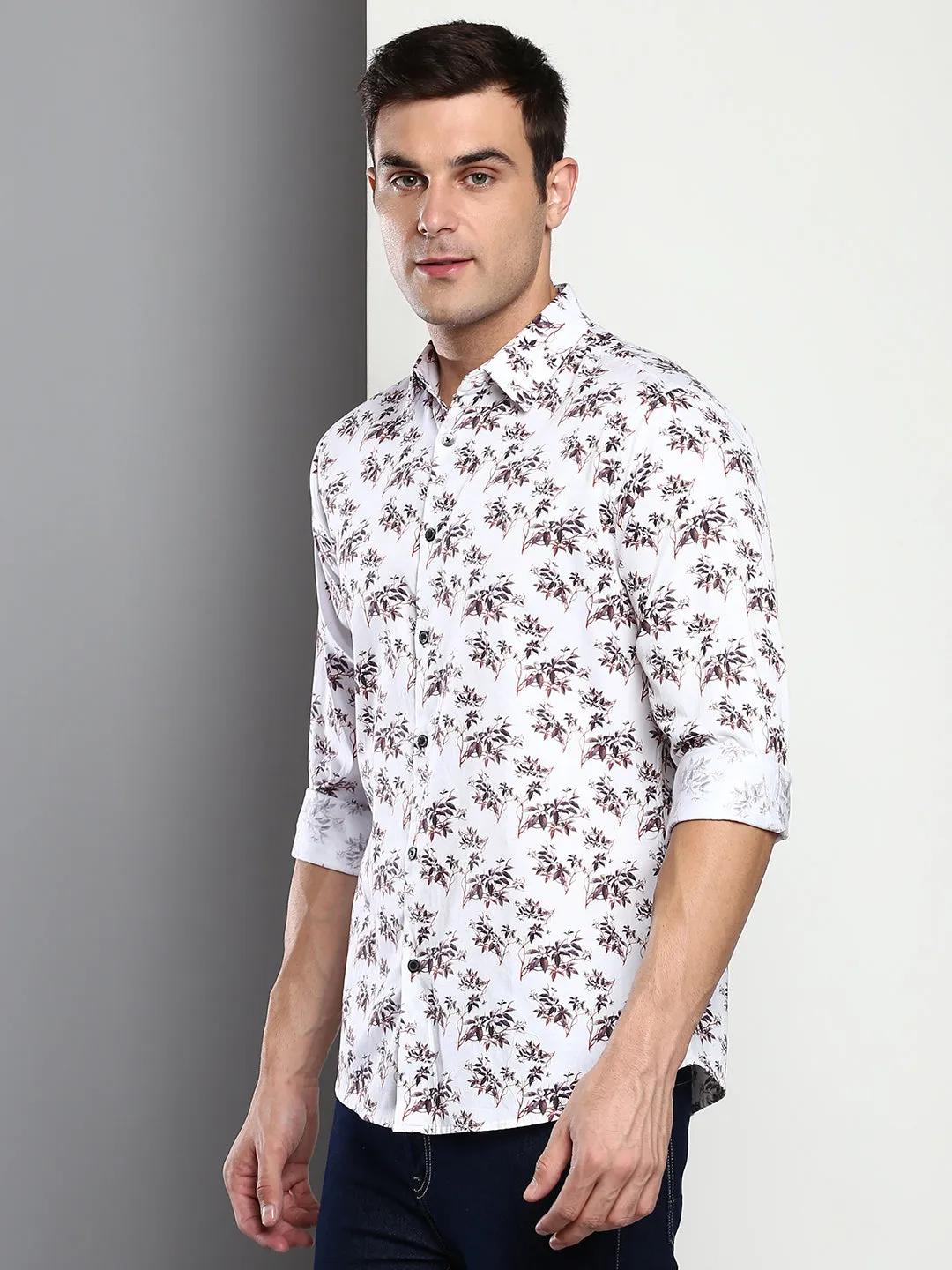 Men's Printed White Slim Fit Satin Casual Shirt With Spread Collar & Full Sleeves (C9067_White_S)